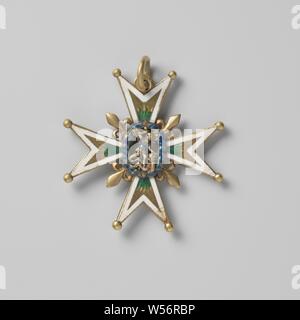 Croce di la catena dell' Ordine di San Michel da Cornelis Lampsins, Malthezer croce con 'perle' sui punti, il giglio francese tra i bracci. In mezzo a una ghirlanda ovale raffigurazione di un angelo (St. Michel) con bracci di rilievo e un piede sulla disteso un demone. Da un lato la ghirlanda ovale è adornata con il bianco di capesante e l'angelo indossa uno scudo sul braccio sinistro, sull'altro lato ovale blu corona e Angelo senza protezione. In entrambi i casi la spada non è chiara (assente?). Croce decorata con smalto bianco bordi e fiamma verde, West Indies, Cornelis Lampsins, Luigi XIV Re di Francia), Francia Foto Stock