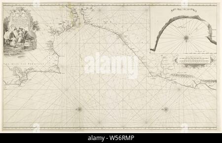 Diagramma del mare dello Stretto di Gibilterra e la baia di Tangeri, nuova tessera di abbonamento di 'l'aumento dell' t stretto dalla stretto a partire sulla costa spagnola, dal Barles e sulla costa di Moresco, da Sta. Cruz het Naauw (titolo in oggetto), diagramma di mare dello Stretto di Gibilterra e l'Oceano Atlantico e le coste del Portogallo, la Spagna e la costa di Moresco (Marocco). In alto a destra una mappa sul lato della baia di Tangeri con rosa dei venti e la scala in tedesco miglia. Mappa principale stessa con il nord a sinistra e due compass rose. Sulla destra di due bastoni di scala in tedesco e in inglese o in francese miglia. Sulla sinistra un cartiglio Foto Stock