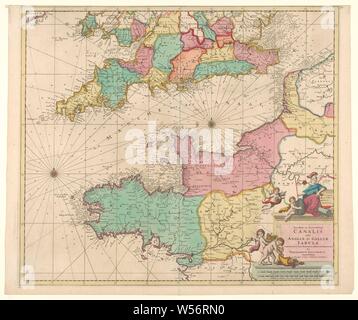 Diagramma del mare del canale Novissima e accuratissima Canalis inter Angliae et Galliae Tabula ... (Titolo in oggetto), diagramma di mare del canale, con una gran parte di paesi circostanti in Inghilterra e in Francia. In mare due compass rose e indicazioni di diverse battaglie navali 1666, 1690 e 1692. In basso a destra un cartiglio con il titolo latino, su cui siede il British Virgin con due putti. Più a fondo altri due putti con corna di abbondanza. Al di sotto di due bastoni di scala in tedesco e in francese miglia marine, grafici, canale inglese, Inghilterra, Francia, la Normandia e la Bretagna, Theodorus Danckerts (MI) Foto Stock