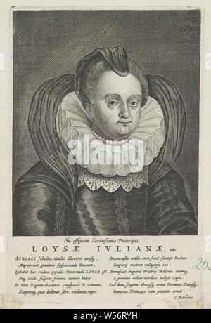 Ritratto di Louise Juliana, Principessa di Orange, Ritratto di Louise Juliana. Nel margine inferiore del suo nome e due colonne, ciascuna con 6 linee di testo in latino, Louise Juliana (Principessa di Orange), Cornelis van Dalen (MI), Amsterdam, c. 1622 - 1665, carta, attacco, h 179 mm × W 117 mm Foto Stock