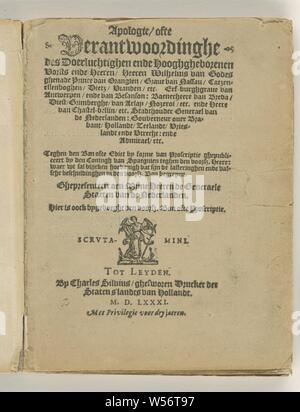 Scuse o la responsabilità delle opere caritative e alta Lords, Signori Wilhelms (...) il principe di Orangien, libro di 130 pagine, titolo brano. con angelo a piedi al di sotto di con il personale e prenota, seguita da "Advertissement tot den leser' firmato dall'autore Willem (MI), compreso il privilegio, poi alcune lettere, "Scuse" stesso inizia a pagina 13 con un casco sul lato opposto della pagina circondata da viticci e sopra " IE MAINTIENDRAI' sotto 'NASSAV'. Dalla pagina 113 lettere, sul coperchio anteriore di fronte pagina 130 la stessa arma come menzionato. Nel testo qui e là le note, l'ultimo coperchio anteriore nomi in Foto Stock