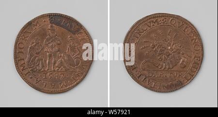 La malattia e la fame nei Paesi Bassi spagnoli come risultato della guerra di blocco, medaglia di rame. Complementare: spagnolo, in piedi tra la fame, raffigurato come un seduto, emaciata donna e morte, raffigurata come uno scheletro, seduto al centro di un'arma circondato da un avvolgimento, taglio: anno. Retromarcia: ripiene corno dell'abbondanza entro un wrap, cut off: iscrizione, Belgio, anonimo, Dordrecht, 1587, rame (metallo), colpendo (metallurgia), d 3.1 cm × w 5.96 Foto Stock