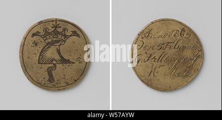 Muratura, stonemasonry, idrosanitari, idrosanitari e pumpmakers' guild di Amsterdam, guild token da G. Stellingwerff Maestro Muratore, medaglia di ottone. Anteriore: incoronata la cazzuola permanente. Retromarcia: iscrizione, Amsterdam, G. Stellingwerff, anonimo, 1805, ottone (lega), incisione, d 4,3 cm × w 27.55 Foto Stock