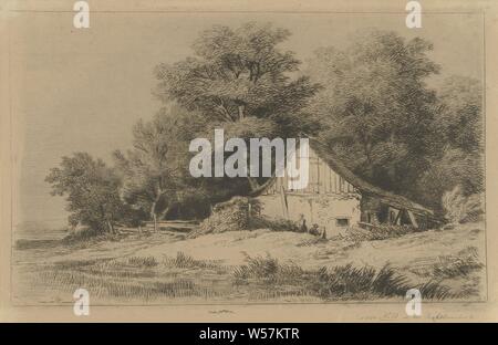 Fienile sul lungomare, un fienile con due cifre e una fila di alberi in acqua, azienda o casa solitario nel paesaggio (CITY (CITTÀ) con figure, staffage), Remigius Adrianus Haanen (menzionato in oggetto), Austria, 1849, carta, puntasecca, h 148 mm × W 232 mm Foto Stock