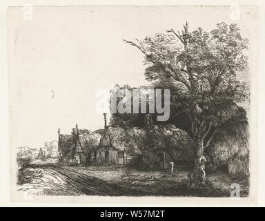 Paesaggio con tre cottage a capanna accanto a una strada, cabina, lodge, vista sulla città e il paesaggio con uomo costruzioni, James Bretherton, 1750 - 1775, carta, attacco, h 162 mm × W 202 mm Foto Stock