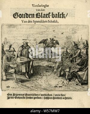 Stampa del titolo del pamphlet dal 1618 intitolata: Verclaringhe van den Gouden Blaes-balck Verclaringhe van den Gouden Blaes-balck / Van den Spaenschen Schalck (titolo in oggetto), il titolo di stampa opuscolo dal 1618 intitolata "Verclaringhe van den Gouden Blaes-balck / Van den Spaenschen Schalck'. In mostra, uno spagnolo e un gesuita con un mantice per sparare alle monete d' oro a Johan van Oldenbarnevelt e pochi altri. In background, è tempo di guardare attraverso il binocolo. Sotto la stampa due righe del versetto sulle 'Signoors Practijcken'., a soffietto, Johan van Oldenbarnevelt, anonimo, Paesi Bassi del Nord, 1618 Foto Stock