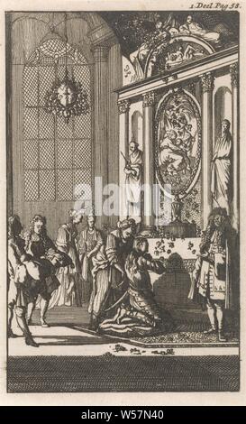 Don Clarazel knighted in una casa nobile del cappella vicino a Avignon, stampa contrassegnato in alto a destra: P. 58, knighting cerimonie, cavaliere, Caspar Luyken, Amsterdam, 1697, carta, attacco, h 138 mm × W 83 mm Foto Stock