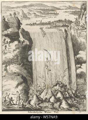 Vista di una grande cascata in cui due canoe sono trainati Schrickelijcke acqua caduta (titolo in oggetto), cascata, canoa, annegato persona, Jan Luyken (menzionato in oggetto), Amsterdam, 1681, carta, attacco, h 171 mm × W 132 mm Foto Stock