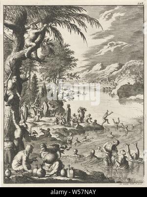 La balneazione pellegrini in Giordania, stampa numerate in alto a destra: 326, pellegrino (s), sul fiume Jordaan, Jan Luyken (menzionato in oggetto), Amsterdam, 1681, carta, attacco, h 174 mm × W 135 mm Foto Stock