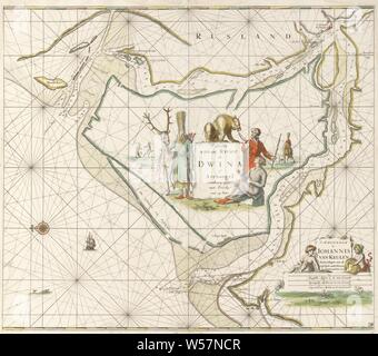 Scheda del passaporto del nord del fiume Dvina scheda passaporto del Fiume Dwina o Arcangelo (titolo in oggetto), scheda del passaporto del fiume Dvina settentrionale, che fluisce nel porto russo città di Archangelsk (arcangelo) nel Mar Bianco. Nel centro di carta una pietra con il titolo, con tre figure con cappelli di pelliccia, compreso un uomo con un orso addomesticato. In basso a destra due bambini con cappelli di pelliccia all'editore indirizzo e la scala in tedesco, spagnolo e inglese o francese miglia. Al di sopra e al di sotto del livello di distribuzione, mappe o separare i paesi o regioni, Jan Luyken (menzionato in oggetto), Amsterdam Foto Stock