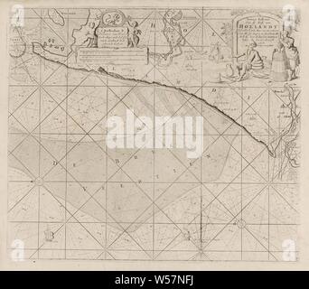 Scheda passaporto dalla costa di Holland tra Texel e la Maas nuovo Paskaert dalla costa di Hollandt tra Texel e de Maes, dove tutti syn profondità e frotte sono state esposte. Così come quanti paesi presentano vytter mare è molto precisamente impostare. (Titolo in oggetto), passaporto mappa della costa di Holland tra Texel e la Maas, con due compass rose, il nord è a sinistra. In alto a destra un cartiglio con il titolo, raffiguranti sfornare una contadina e un agricoltore con i formaggi. In alto a sinistra dell'editore indirizzo e la scala, mostrato in tedesco, spagnolo e inglese o francese miglia Foto Stock