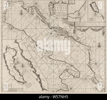 Mappa delle coste del Mare Adriatico Pas-Caart del Weder zytsche coste di Soo dall Italia come la Dalmazia e Griecken nel Golff del Veneto (titolo in oggetto), Mappa dalle coste del Mare Adriatico, tre carte di scommesse, in basso a sinistra uno da Corfù e in alto a destra una dalla foce del fiume Po e uno dal mar Ionio isola di Paxoi. Con cinque compass rose, il nord è sopra. In alto al centro due putti con una carta nautica con il titolo e l'indirizzo dell'autore. In alto a destra e in basso a sinistra la scala, mostrato in tedesco, spagnolo e inglese o francese miglia, mappe e atlanti, amorini Foto Stock