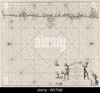 Diagramma del mare di parte della costa del Brasile passano il grafico del mare coste del Brasile tra Rio das Contas e Cabo San Thome (titolo in oggetto), mare grafico di parte della costa del Brasile, con due compass rose, il Noorder è sulla destra. In basso a destra il titolo, l'indirizzo della casa editrice e scala, mostrato in tedesco, spagnolo e inglese o francese miglia (scala: c. 1: 1 500 000). Due uomini sono in lotta con un mostro marino, mostri del mare, merman, sailing-nave, barca a vela, Brasil, Jan Luyken, Amsterdam, 1683 - 1799, carta, incisione h 522 mm × W 596 mm Foto Stock