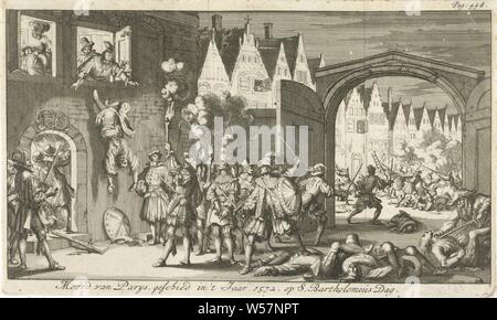 Omicidio durante il Bartolomeo notte a Parigi, 1572 assassinio di Parys, nell'anno 1572 su San Bartolomeo Giorno (titolo in oggetto), omicidio degli Ugonotti a Parigi durante la notte di Bartolomeo 23-24 agosto 1572. Stampa in alto a destra: Pag: 448, massa guerriero, Delft, Parigi, Wolfert van Borselen (MI), Gaspard de Coligny (II), Jan Luyken, Amsterdam, 1685, carta, attacco, h 175 mm × W 291 mm Foto Stock