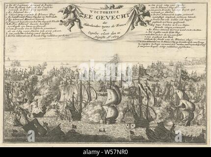 Battaglia di Kijkduin, 1673 Vittoria battaglia del mare della olandese contro il francese e inglese le flotte su 21 Agosto 1673 (titolo in oggetto), 21 agosto 1673. La battaglia del mare tra la flotta di Stato sotto de Ruyter e Tromp e combinato la flotta anglo-francese sotto Prince Rupert. Tre putti sono titolari di una carta pergamena nell'aria. A sinistra e a destra di questa spiegazione delle lettere di posta nella battaglia, battaglia (forza navale), la battaglia di Texel, Jan Luyken, Amsterdam, 1688, carta, incisione h 200 mm × W 287 mm Foto Stock