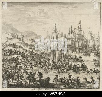 Arrivo di Guglielmo III in Inghilterra, 1688 Syn Hooghijts arrivo in Inghilterra (titolo in oggetto), l'arrivo della flotta con il principe William III a Torbay in Inghilterra, 15 novembre 1688. Stampare contrassegnato superiore destra: F: 161, data di arrivo e di ritorno, il viaggio, Torbay, Jan Luyken, Amsterdam, 1689, carta, attacco, h 142 mm × W 158 mm Foto Stock