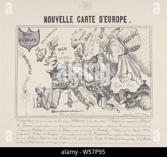 Mappa di Europa in cui tutti i paesi sono rappresentati da persone, ca. 1867 Nouvelle Carte d'Europa (titolo in oggetto), mappa politica dell'Europa su cui tutti i paesi sono rappresentati da persone, ca. 1867. Con Otto van Bismark centrale nella Prussia. Con sei linee di didascalia in francese., (mappa di) Europa, Europa, la Prussia, Otto von Bismarck, Flier (menzionato in oggetto), Breda, 1867, carta, h 423 mm × W 480 mm Foto Stock