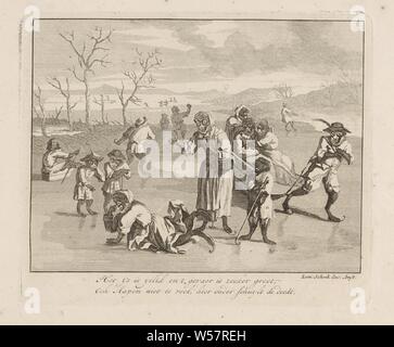 Le scimmie sul ghiaccio Monkey gioco in tutto il mondo (titolo serie 't Aapenpel in de Werelt (titolo serie), scimmie di tutte le età giocare su ghiaccio. Sulla destra è un giovane in una slitta. Una scimmia di pattinaggio è caduto a terra a sinistra e una femmina di ape è spaventato. Parte di una serie costituita da un titolo di stampa e lastre in cui le scimmie figura come persone in tutti i tipi di scene di vita quotidiana. La stampa ha due righe del versetto in olandese., animali che agiscono come esseri umani, scimmie, pattini (sport invernali), slitta, slitta (sport invernali), giocando con la neve e il ghiaccio, Leonard Schenk (eventualmente), Amsterdam Foto Stock