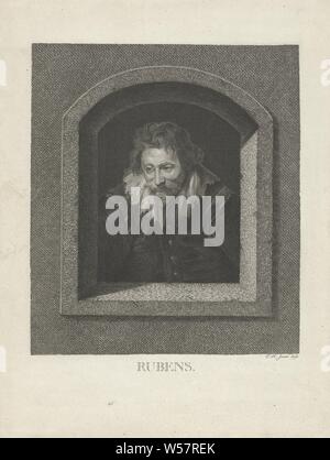 Ritratto di Peter Paul Rubens, Busto Ritratto del pittore Peter Paul Rubens. Il ritratto è contenuta in una finestra. A margine il nome della persona raffigurata, Peter Paul Rubens, Pieter Hendrik Jonxis (menzionato in oggetto), Utrecht, 1772 - 1843, carta, incisione h 265 mm × W 199 mm Foto Stock