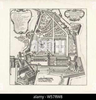 Mappa del Belvedere Vaticano giardini Pianta ed alzata del giardino di Belvedere del Palazzo Pontificioin Vaticano (titolo in oggetto) Giardini in Roma (titolo serie) Li giardini di Roma / con le loro piante alzate / e vedute in prospettiva (titolo serie), mappa del Belvedere Vaticano giardini. In alto a sinistra un cartiglio con un elenco esplicativo dei numeri. In alto a destra un cartiglio con il titolo e il testo, giardino, piano, mappa del giardino, Città del Vaticano, Giovanni Battista Falda (menzionato in oggetto), 1683, carta, attacco, h 301 mm × W 305 mm Foto Stock