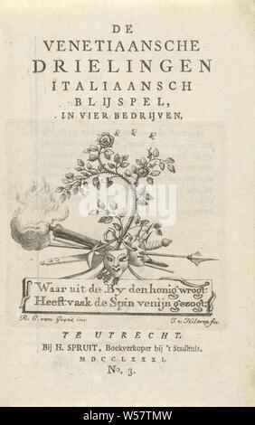 Maschere e armi su un ramo di rose titolo pagina per: A. Collalto, le triplette di veneziano, 1781, maschera, fiori: rose, colata armi: spear, Archer's armi: freccia, Johannes van Hiltrop (menzionato in oggetto), Utrecht, carta, tipografia, h 165 mm × W 104 mm Foto Stock