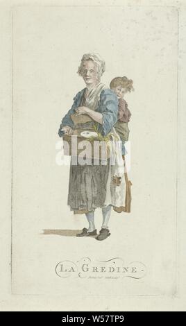 Donna e bambino con la guinea pig La Gredine (titolo in oggetto), una donna con un bambino piccolo sulla sua schiena, mostra un bianco guinea pig in una scatola. La donna è il grembiule è lacerato e la scatola è piena di paglia, la madre e il bambino (s), donna e bambino (s), a guadagnare denaro con cavia, Jan Kobell (MI) (menzionato in oggetto), 1766 - 1833, carta, h 241 mm × W 138 mm Foto Stock