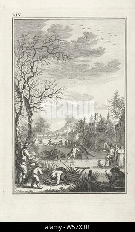 Vista di ghiaccio nei pressi di una città e di intrattenimento di ghiaccio e i pescatori in acque congelate vicino a una città. Le figure di legno si riuniscono in primo piano. Stampa sulla parte superiore sinistra e contrassegnata: XIV., paesaggio invernale, paesaggio che simboleggiano l'inverno (le quattro stagioni dell'anno), pattini (sport invernali), woodgathering, woodgatherer, Simon Fokke (menzionato in oggetto), Amsterdam, 1722 - 1784, carta, attacco, h 146 mm × W 103 mm Foto Stock