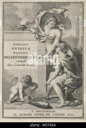 Donna in veste greca pagina titolo per: J. van den Vondel, Heldinnebrieven, 1715, una donna in veste greca seduto su una parete. In aggiunta ai suoi due piccioni. Con la sua mano sinistra lei conduce la mano destra di un uomo, incoronato con la corona di alloro, che scrive il titolo con una piuma su un telaio. In primo piano un putto con vari attributi tra cui un club, altri uccelli: tortora, armi per colpire: club, amorini: 'amores', 'amoretti", "Putti', Wouter Jongman (menzionato in oggetto), carta, incisione h 178 mm × W 127 mm Foto Stock