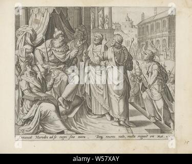 I tre re Erode visita Van de Wysen da est (titolo serie) Gioventù di Cristo (titolo serie) Den Grooten Figuer-Bibel (...) (titolo serie), i tre re magi visita il re Erode e chiedergli dove possono trovare il neonato re dei Giudei. Di seguito le prestazioni di un riferimento in latino per il testo della Bibbia in Mat. 2: 7. Questa stampa è parte di un album, prima visita dei tre Magi al re Erode, Johann Sadeler (MI), 1572 - 1576 e/o 1643 - 1646, carta, incisione h 212 mm × W 255 mm Foto Stock