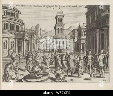 Daniel e il drago Storia di Daniel (titolo serie) Historia Danielis (...) (titolo serie) Thesaurus sacrarum historiaru [m] veteris testame [n] ti, elega [n] tissimis imaginibus expressu [m] excelle [n] tissimoru [m] in hac arte viroru [m] opera: ora [n] c primu [m] in luce [m] editus (titolo serie), Daniel con Ciro re presso il drago di Babilonia, adorato dal popolo babilonese. Daniel si rifiuta di adorare il drago e chiede al re il permesso per uccidere il drago senza una spada o bastone. Daniel è pronto per l'alimentazione il drago una torta di grasso, catrame e ossa. Pertanto il drago sarà Foto Stock