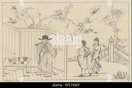 Riccamente vestito uomo in una sedia vicino a un set table tracciate Sinees con grandi moeyte firmato e in 't Ligt dato da P. Schenk Jun (...), seconda parte (titolo serie), riccamente vestito uomo cinese in una sedia da un set table. Due figure a destra. In background blossom rami. La stampa è parte di un album, cinese (costume), gli alberi (fiori, blossom, fioritura), Pieter Schenk (II), Amsterdam, 1727 - 1775, carta, attacco, h 168 mm × W 265 mm Foto Stock