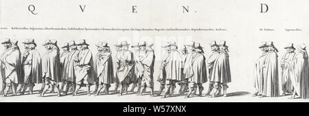Il corteo funebre di Frederik Hendrik (piastra n. 4), 1647 Il corteo funebre di Stadholder Frederik Hendrik all'Aia nel 1647 (titolo serie), il corteo funebre di Stadtholder Frederik Hendrik all'Aia il 10 maggio 1647. Piastra n. 4 con una parte della processione, al di sopra delle persone si erge la loro funzione. Parte di una serie di piastre 30 e 20 fogli di testo, destinato ad essere incollato insieme., corteo, il corteo funebre, Pieter Nolpe, 1651, carta, incisione h 210 mm × W 551 mm Foto Stock