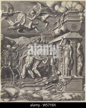 La visione di Ezechiele circa la valle di ossa, metà destra, la valle piena di ossa aride vestita con carne e venire alla vita. Vari sarcofagi e lapidi sparsi per le prestazioni. Ci sono cinque putti floating insieme tenendo un baderon con il testo: Dabo super fox ner fox e facia succrescere sup fox carne, la visione di Ezechiele della valle di ossa aride (Ezechiele 37: 1-10), Giorgio Ghisi (menzionato in oggetto), 1530 - 1582, carta, incisione h 413 mm × W 341 mm Foto Stock
