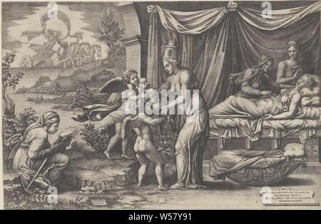 Allegoria della nascita, una donna dà un neonato per due putti. Sulla sinistra è una donna con una torcia. Sulla destra è una donna che ha appena partorito. Ci sono due donne accanto al letto. In background Apollo sulla sua auto solare., Donna parto (giacente in), amorini: 'amores', 'amoretti", "Putti', Apollo come dio-sole, cioè Sol (Helius), Titan, Giorgio Ghisi (menzionato in oggetto), 1560, carta, incisione h 273 mm × W 416 mm Foto Stock