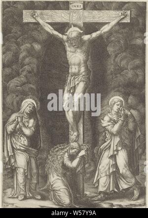 La crocifissione di Cristo, la crocifissione di Cristo sul Calvario. Cristo appeso sulla croce. Maria, Maria Maddalena e Giovanni Evangelista sono in lutto sotto la croce, la crocifissione di Cristo: la morte di Cristo sulla croce del Calvario (Matteo 27: 45-58, Marco 15: 33-45, Luca 23: 44-52, Giovanni 19: 25-38), Giorgio Ghisi (menzionato in oggetto), Italia, 1530 - 1582, carta, incisione h 263 mm × W 185 mm Foto Stock