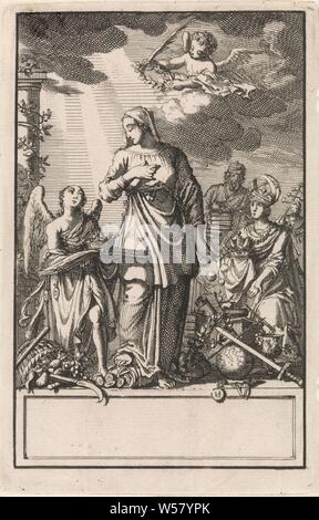 Angelo offre la fede una corona, la personificazione della fede (Fides) guarda a un angelo che indossa una corona su un libro aperto. La fede rifiuta la donna in ginocchio con simboli di mondana e potere spirituale, della scienza e della ricchezza, alla sua destra, angeli, Fides (Fede) come personificazione romana, corona (simbolo della sovranità), Autorità, Potenza, 'Dominio', 'Giurisdittione' (RIPA) (personificazione), rappresentazioni simboliche, allegorie ed emblemi, scienza, 'scientia', 'Scienza', 'Studio' (RIPA), ricchezza, opulenza, 'Opulenza', 'richezza' (RIPA), Jan Luyken, Amsterdam, 1697 - 1699, carta, attacco, h 143 mm × W Foto Stock