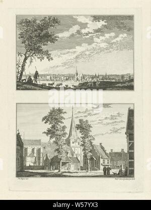 Paesaggi urbani in Uedem, 1744 villaggio e dei paesaggi urbani a Kleve (titolo serie), due rappresentazioni di una piastra. Due viste della città tedesca di Uedem. La stampa è parte di un 100-parte della serie con vedute della città e villaggi in Kleve, vista sulla città e il paesaggio con uomo di costruzioni, street, chiesa (esterno), Uedem, Paulus van Liender (menzionato in oggetto), 1758, carta, attacco, h 205 mm × W 151 mm Foto Stock