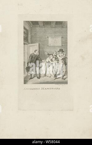 Interno con figure circa svenuta moglie Antonius Hambroeck e la sua famiglia, interno con una donna svenuti seduto in una sedia. Essa è supportata da una donna. Dietro la sedia e sulla destra in primo piano due gesticulating uomini che tengono i loro occhi sull'uomo che entra attraverso la porta sulla sinistra. Questo uomo sta tenendo in mano il suo cappello nella mano destra. Sulla parete di una mappa di un fort con sopra il testo: Zelandia. Sopra la porta un dipinto, svenimento, swooning, sale comuni, Fort Zeelandia (Taiwan), Antonius Hambroeck, Abraham Jacobsz. Hulk (menzionato in oggetto), Amsterdam, 1776, carta, incisione Foto Stock