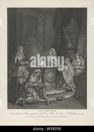 Vestali presso un altare per la dea Vesta Les Vestales (titolo in oggetto), su di un altare di pietra di un fuoco arde in onore della dea Vesta. Vestali stand e inginocchiati intorno all'altare. Uno di loro tende una ghirlanda di fiori intorno a un vaso. Sullo sfondo una statua., vestale (s), altare, religione romana, Pieter Hendrik Jonxis (menzionato in oggetto), Parigi, 1784, carta, attacco, h 474 mm × W 356 mm Foto Stock