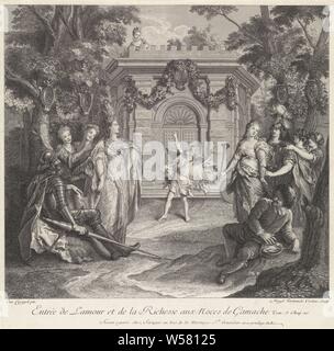 La performance sul palco in occasione delle nozze di Gamache Entrée de L'amour e de Richesse aux Noces de Gamache (titolo in oggetto), una figura vestita come Amor e una donna vestita come la personificazione della ricchezza in un paesaggio boscoso. Davanti a sinistra è Don Chisciotte e a sinistra è Sancho Pañca, con un pollo in una pentola. Scena dal racconto di Don Quijote de la Mancha. Contrassegnati in fondo: capitolo 20., personaggi letterari e oggetti, teatro, performance teatrali, (storia di) Cupido, Amor (Eros), Proprietà, Louise Magdeleine Horthemels (menzionato in oggetto), Parigi, 1714 - 1762, carta, incisione h 311 mm Foto Stock