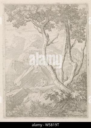 Paesaggio arcadico, un paesaggio montuoso con due cifre reclinabile., montagne (Paesaggio con figure, staffage), Abraham Genoels, Roma (eventualmente), 1650 - 1723, carta, attacco, h 194 mm × W 145 mm Foto Stock