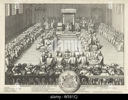 Sessione dell'inglese House of Lords, 1689 foto di t Hooger huys des europeo del Engelant (titolo in oggetto), una sessione della House of Lords è frequentato da un re. Centrale. Il re sul suo trono circondato dai signori, seduti su dei cuscini. Nella parte anteriore la cancellieri intorno a un tavolo. In didascalia la leggenda 1-13 e la British Royal arma. Le prestazioni si basa su una performance in cui re Guglielmo III partecipa alla riunione, 1689., Upper House, Senato, le Case del Parlamento (Londra), William III (il principe di Orange e Re d'Inghilterra, di Scozia e Irlanda), Jacob Gole (menzionato Foto Stock