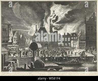 Il fuoco nel municipio della città vecchia di Amsterdam, 1652, il fuoco nel Vecchio Municipio di Amsterdam e alcuni edifici adiacenti il 7 luglio 1652. Per illustrare il vecchio e il nuovo modo di estinzione di incendi. Sulla sinistra, benne e scale tentare di spegnere il fuoco, sulla destra, il fuoco si combatte con il fuoco spray. Con scritta a mano a quattro righe didascalia in olandese e francese e lettere scritte a mano sullo spettacolo. In seguito membri (con la lettera) sono la piastra 3 in Jan van der Heyden Brandspuitenboek., sul fuoco, risplendente, antincendio, apparecchiature antincendio, il Municipio, Municipio di Amsterdam (XIV secolo Foto Stock