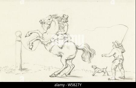 Addomesticare un cavallo, rompendo a sella, briglia, ecc, cavalli selvaggi, cavallo, allevamento (cavallo in movimento), Jean Bernard, 1775 - 1833, carta, gesso, h 165 mm × W 270 mm Foto Stock