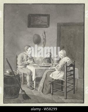 La preghiera prima dei pasti, famiglia) pasto, la preghiera a tavola, dicendo di grazia, Hendrik Jan van Amerom, 1786 - 1833, carta, inchiostro, spazzola, h 125 mm × W 102 mm Foto Stock