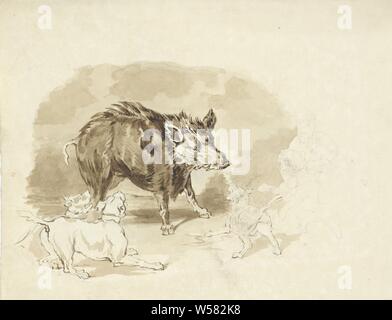 Il cinghiale attaccato da cani da caccia, Pieter van Loon, 1811 - 1873, carta, inchiostro matita, spazzola, h 296 mm × W 240 mm Foto Stock