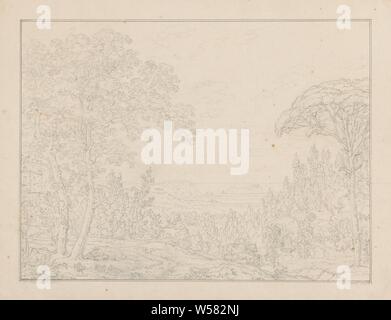 Paesaggio con una vista tra gli alberi verso il mare (dal portafoglio con 26 paesaggio disegni), alloggi rurali, eg country-house, villa, cottage, Christoph Heinrich Kniep, 1814, carta, matita, gesso, h 256 mm × W 330 mm Foto Stock