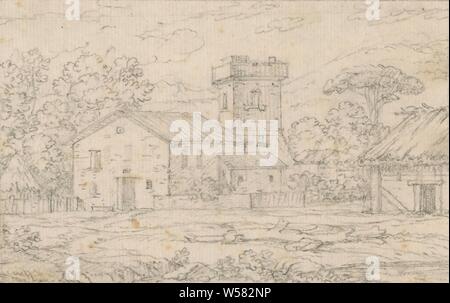 Casa di campagna con torre (dal portafoglio con 26 paesaggio disegni), alloggi rurali, eg country house, villa, cottage, Christoph Heinrich Kniep, 1765 - 1825, carta, matita, gesso, h 82 mm × W 135 mm Foto Stock