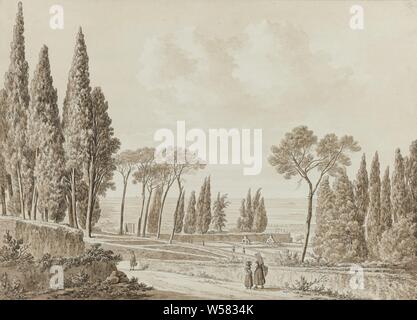 Vista sulle terrazze di Villa d'Este a Tivoli Una vista dalla terrazza della Villa d'Este, Tivoli, attingendo a un gruppo di disegni di paesaggi e città in Italia (Roma, Civita Castellana e Pozzuoli)., acqua-opere nel giardino di villa, Villa d'Este, Daniel Dupré, Italia, 1761 - 1817, carta di grafite (minerale), inchiostro, spazzola, h 365 mm × W 508 mm Foto Stock