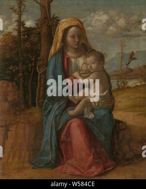 La Madonna e il Bambino, Maria con bambino seduto su una roccia in un paesaggio. Maria breastfeeds il bambino., Giovanni Battista Cima da Conegliano, 1512 - 1517, tela, pittura a olio (vernice), h 83 cm × W 68 cm d 7,2 cm Foto Stock